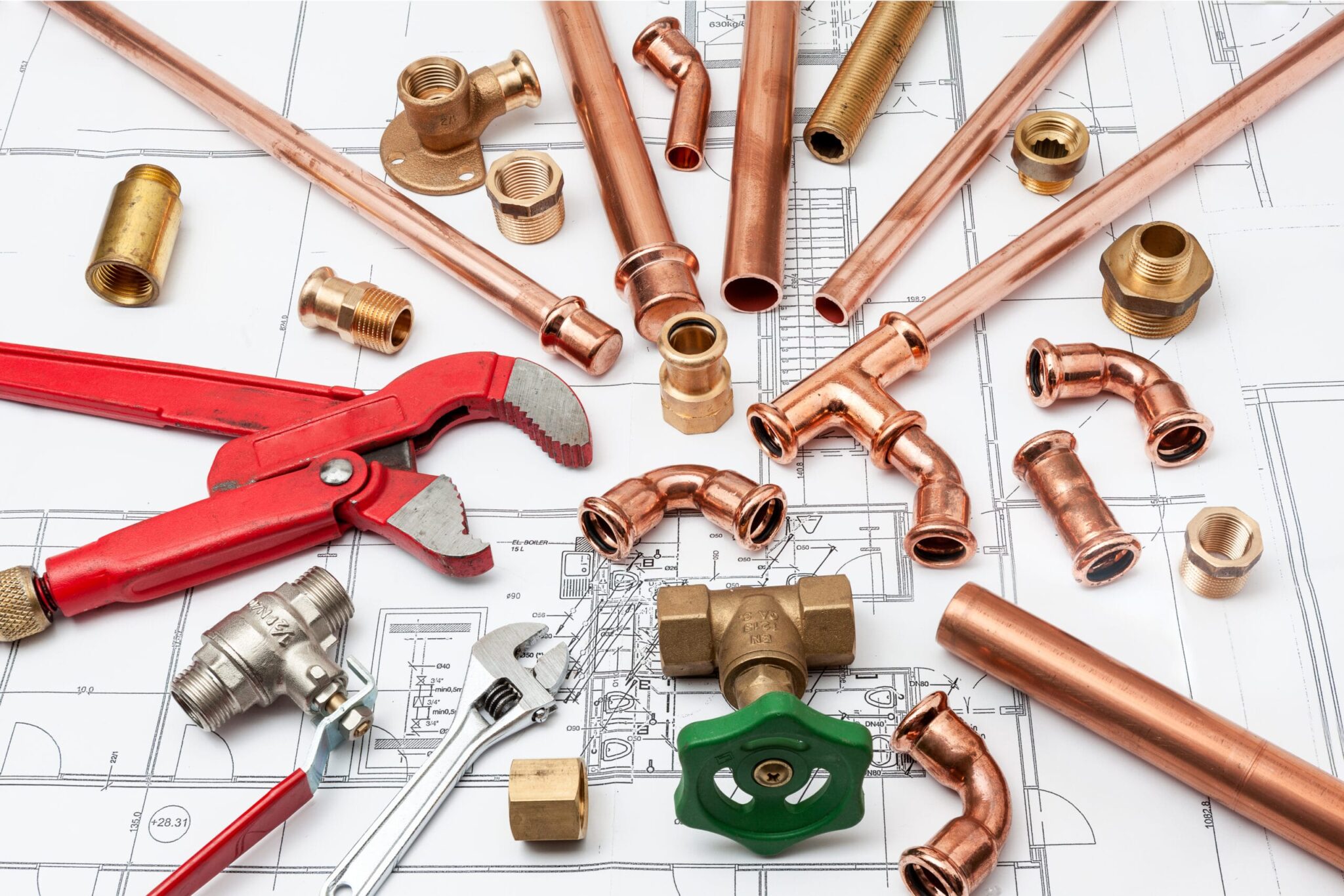 Copper pipes, fittings, valves, and plumbing tools in Leesburg