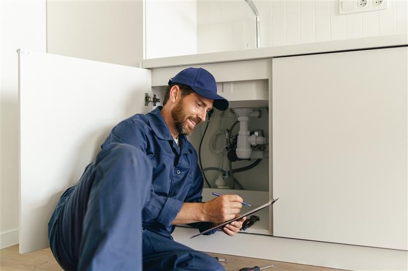 Residential plumber reviewing plumbing repairs in a Leesburg kitchen
