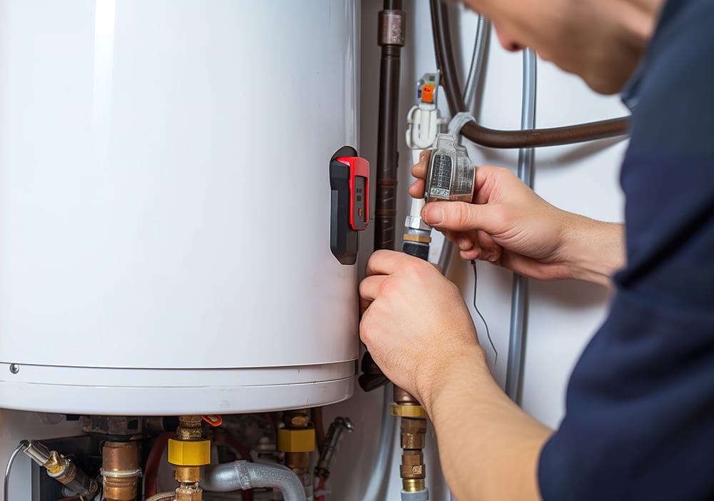 Technician repairing pipes connected to a water heater in Leesburg